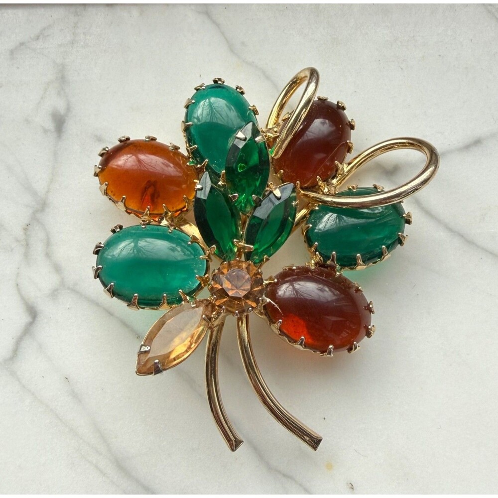 Weiss Floral Brooch, Amber Glass Cabochons, Green Rhinestones, Gold Toned, 1950s
